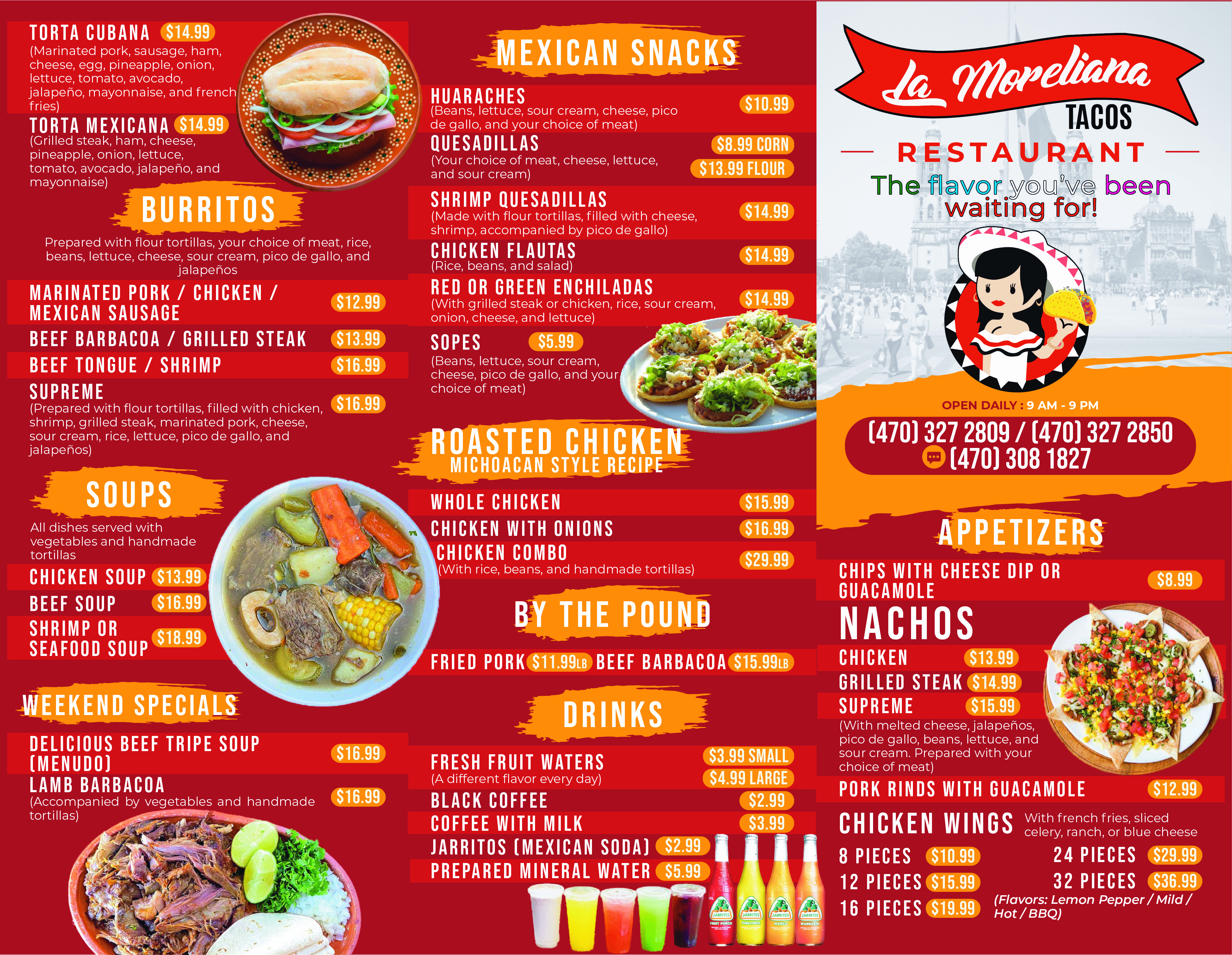 La Moreliana Tacos menu page 1 — tortas, burritos, tacos, Mexican appetizers, soups, chicken and wings with prices